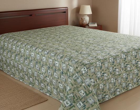 Green & Beige Printed Double Bedsheet