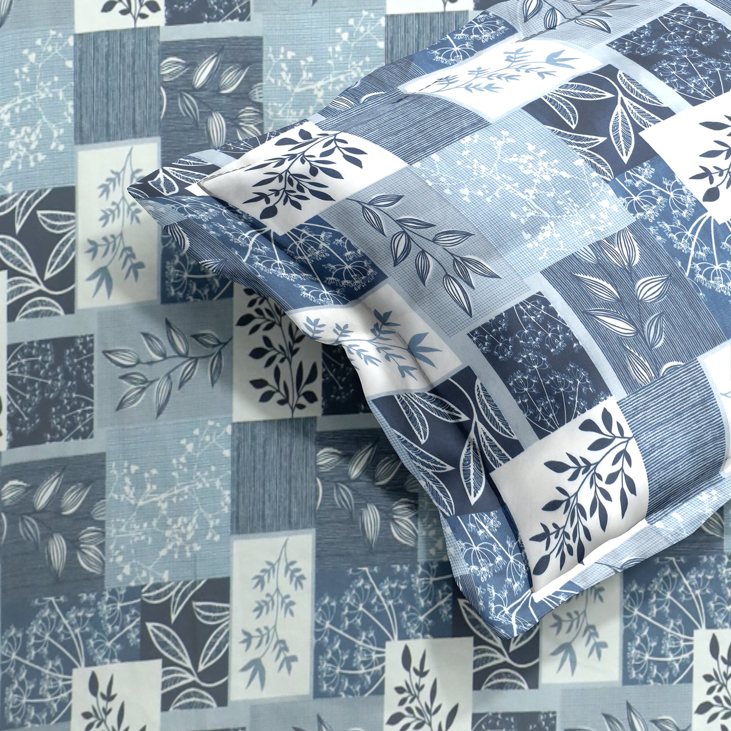 Premium Satin Twill Double Bedsheet with 2 Pillow Covers β Blue Botanical Check Print | 180 TC | Soft & Durable | 225 cm Γ 245 cm