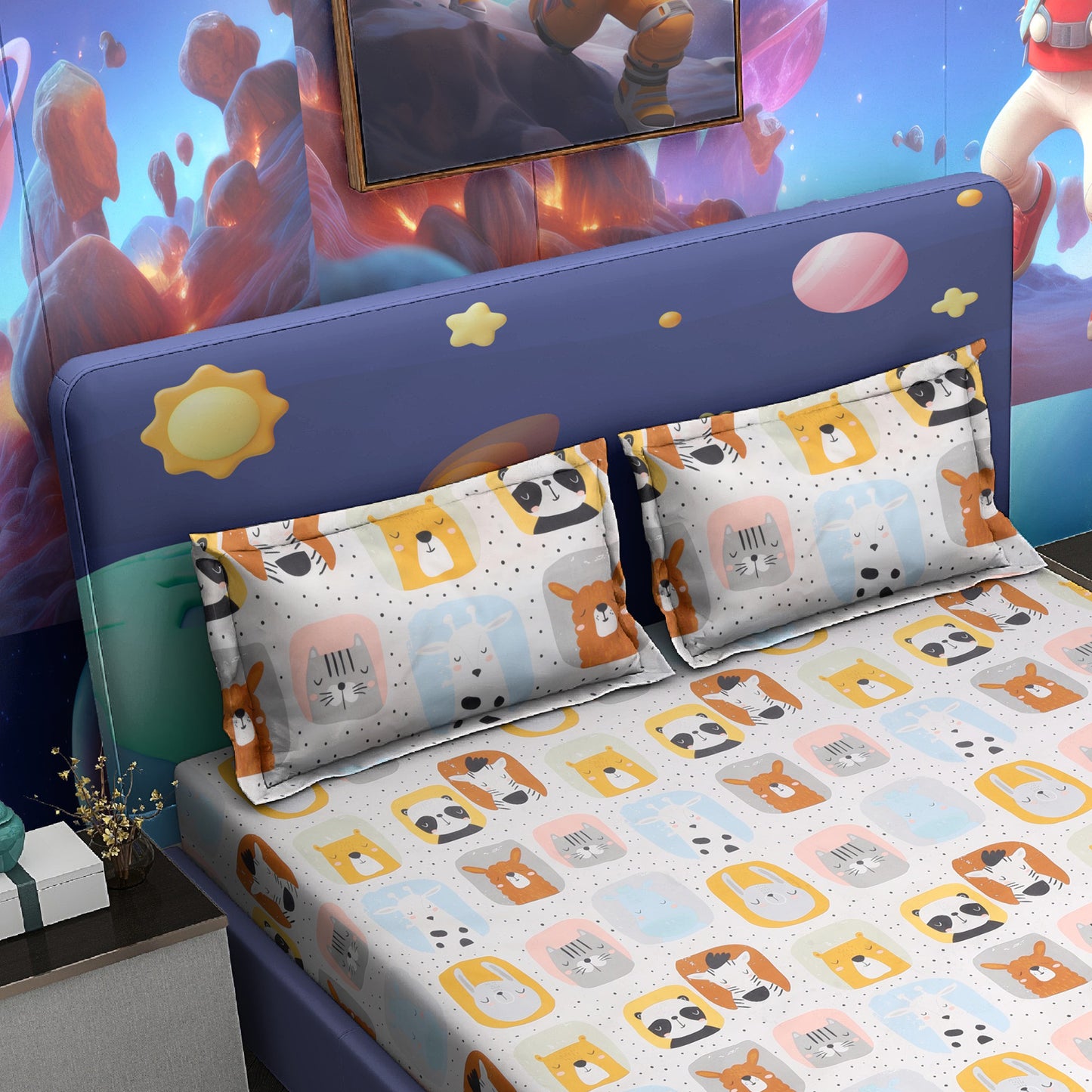 Kids’ Cartoon Animal Print Double Bedsheet with 2 Pillow Covers – Satin Twill | 180 TC | 225 cm × 245 cm