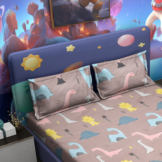 Kids’ Dinosaur Print Double Bedsheet with 2 Pillow Covers – Satin Twill | 180 TC | 225 cm × 245 cm