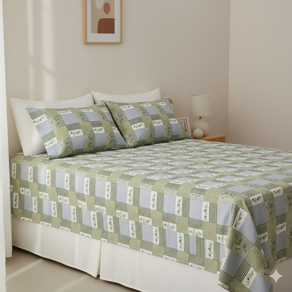 Divora Casa 180 TC Premium Satin Twill Double Bedsheet – Olive Check Leaf Design with 2 Pillow Covers