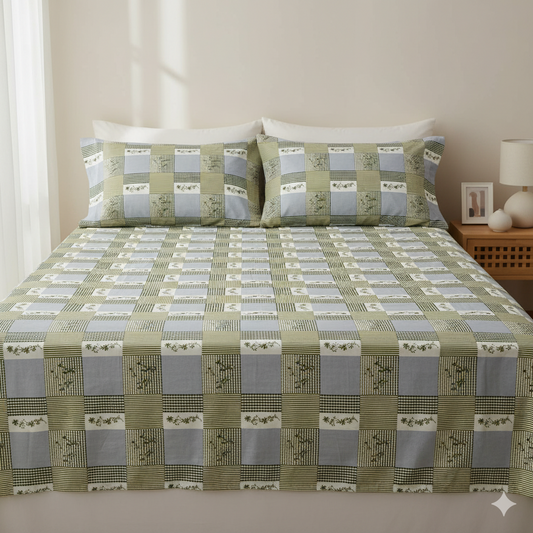 Divora Casa 180 TC Premium Satin Twill Double Bedsheet – Olive Check Leaf Design with 2 Pillow Covers