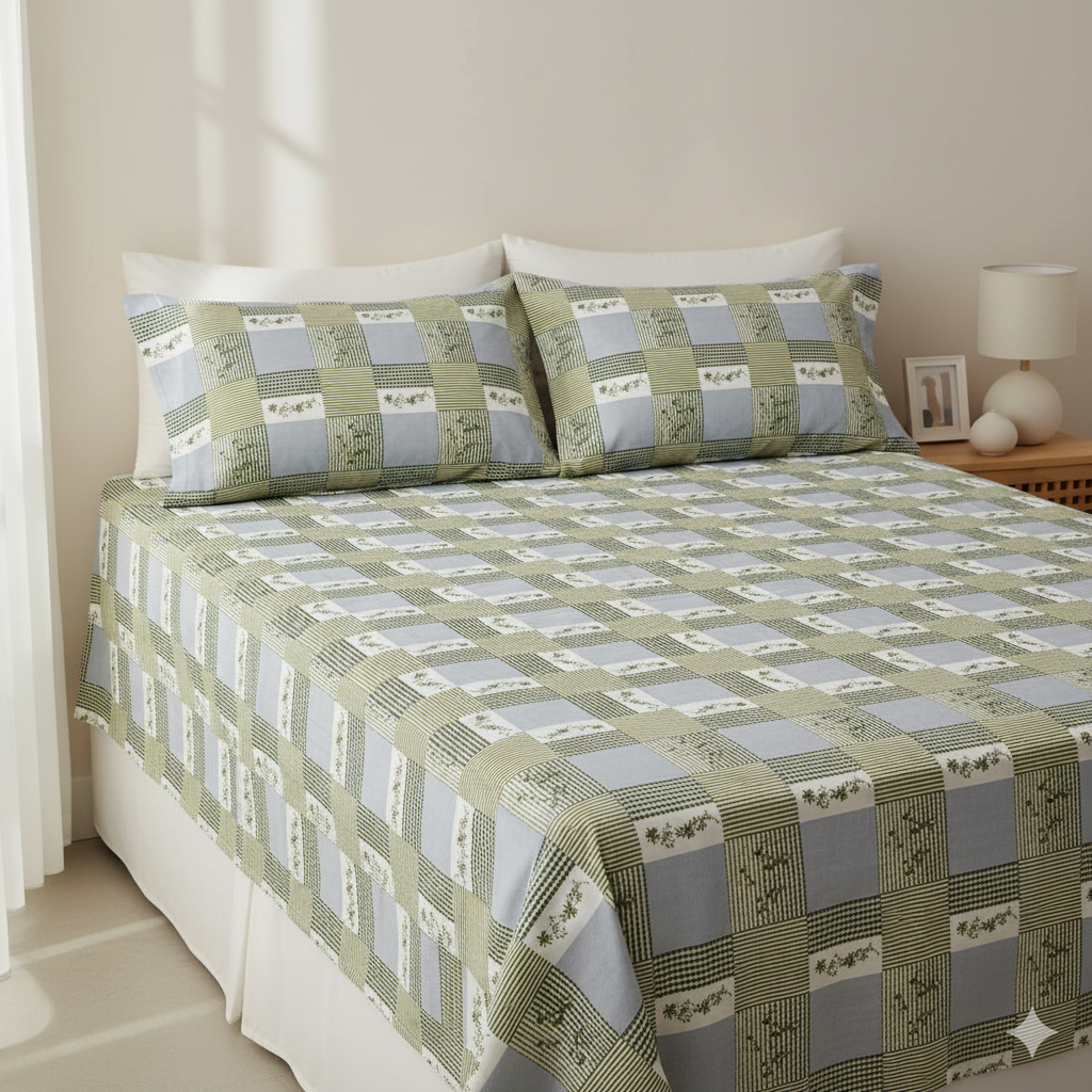 Divora Casa 180 TC Premium Satin Twill Double Bedsheet – Olive Check Leaf Design with 2 Pillow Covers