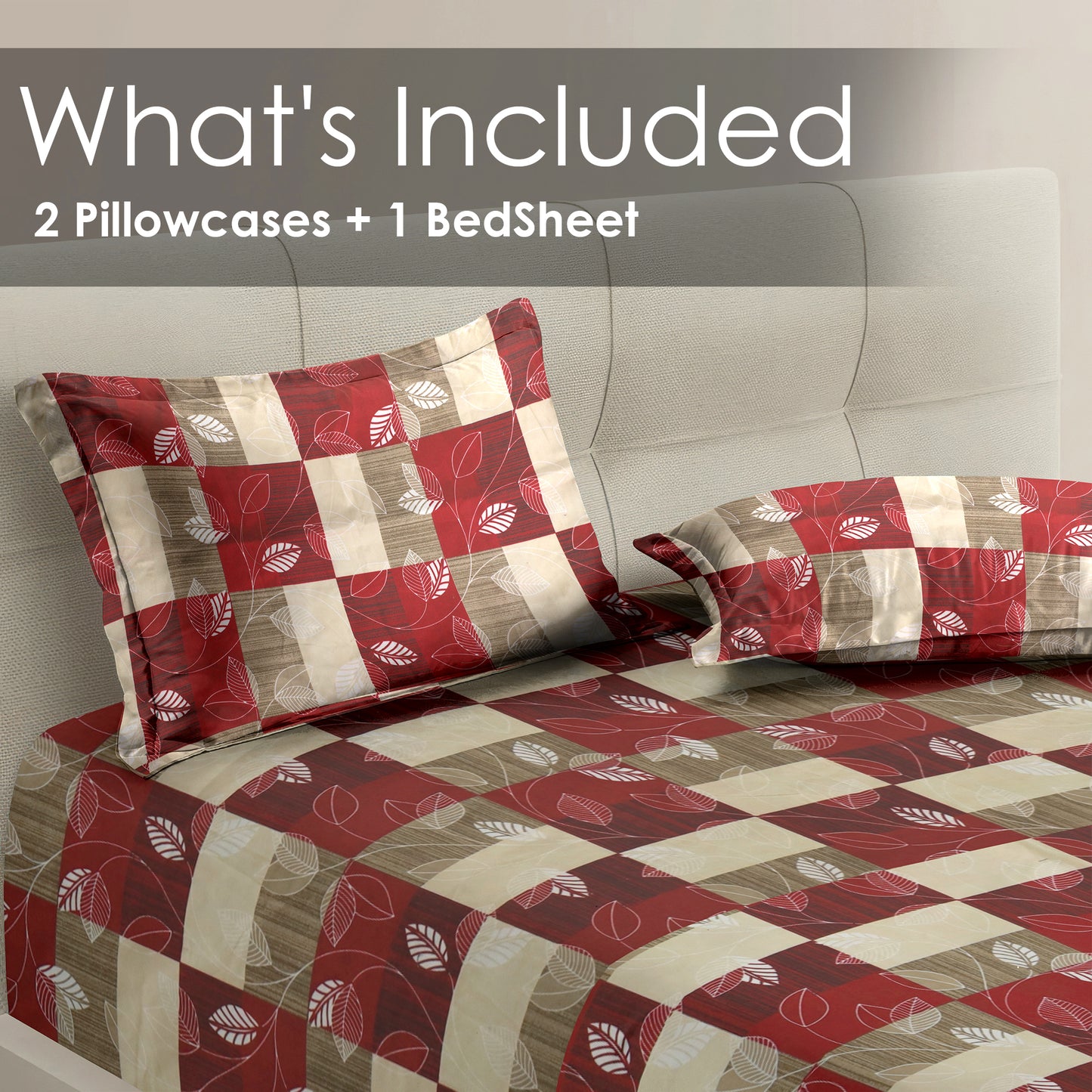 Premium Satin Twill Double Bedsheet with 2 Pillow Covers – Red Leaf Check Print | 180 TC | Soft & Durable | 225 cm × 245 cm
