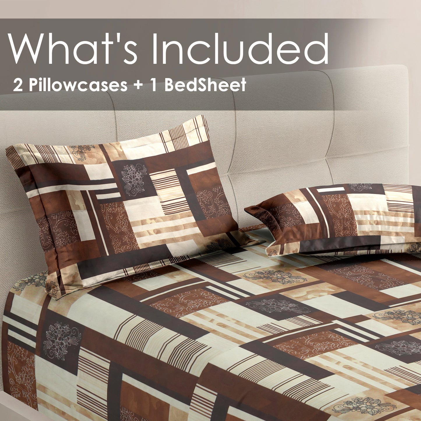 Premium Satin Twill Double Bedsheet with 2 Pillow Covers – Brown Abstract Check Print | 180 TC | Soft & Durable | 225 cm × 245 cm