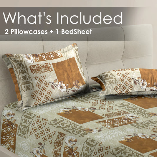 Premium Satin Twill Double Bedsheet with 2 Pillow Covers – Ethnic Block Print in Beige & Brown | 180 TC | Soft & Durable | 225 cm × 245 cm