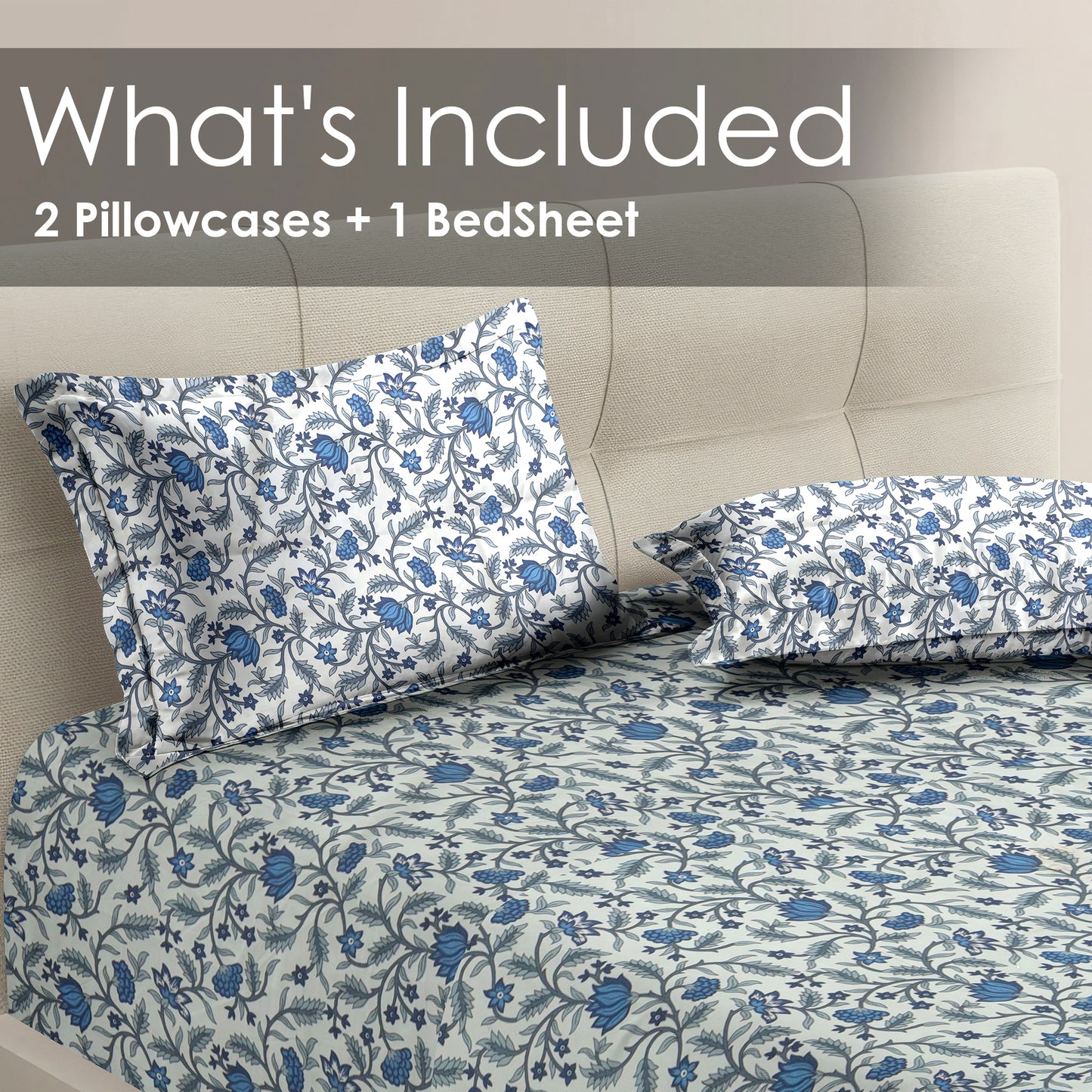 Premium Satin Twill Double Bedsheet with 2 Pillow Covers – Blue Floral Vine Print | 180 TC | Soft & Durable | 225 cm × 245 cm
