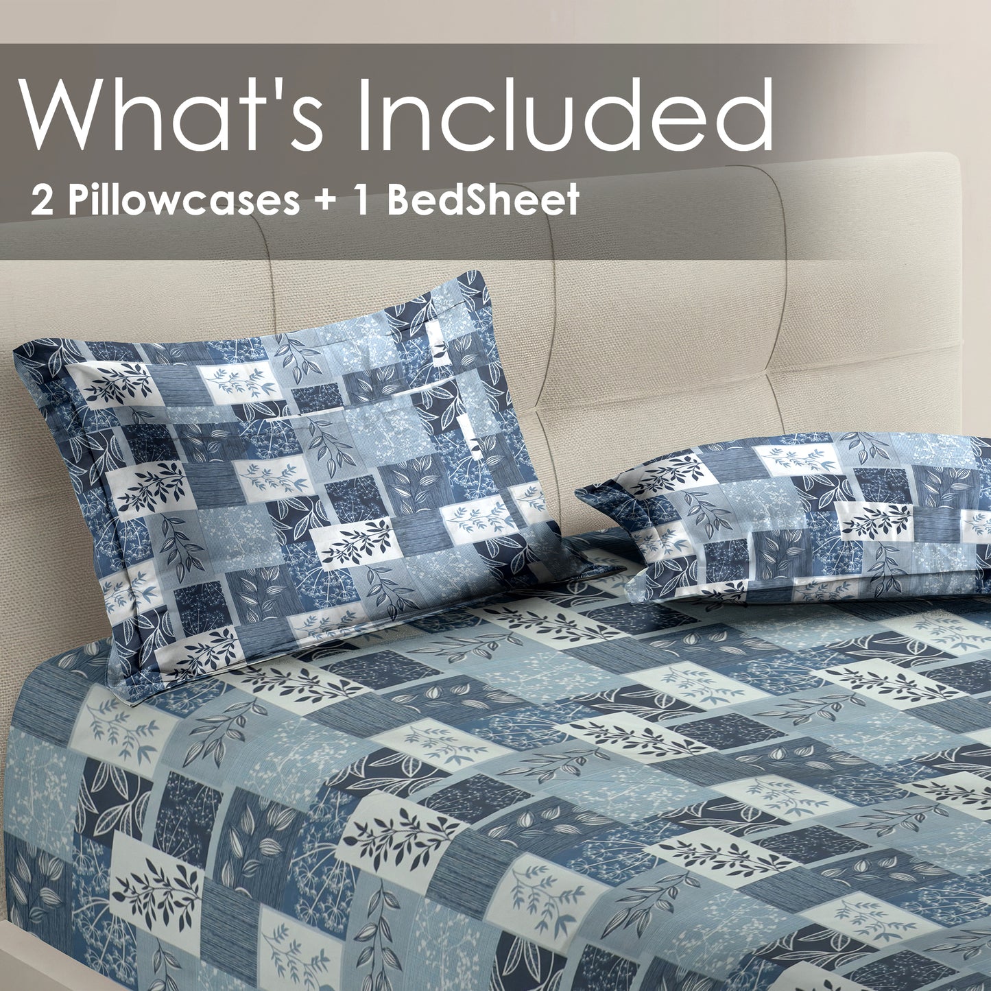 Premium Satin Twill Double Bedsheet with 2 Pillow Covers – Blue Botanical Check Print | 180 TC | Soft & Durable | 225 cm × 245 cm