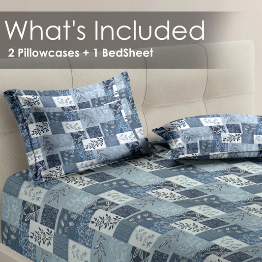 Premium Satin Twill Double Bedsheet with 2 Pillow Covers – Blue Botanical Check Print | 180 TC | Soft & Durable | 225 cm × 245 cm