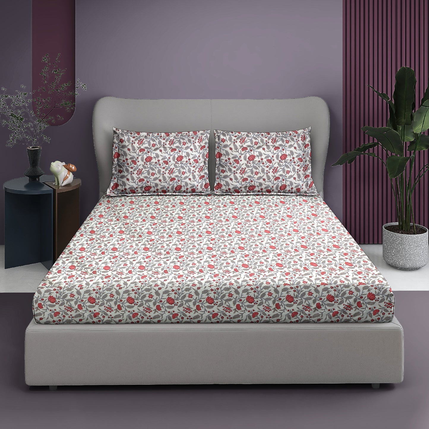 Premium Satin Twill Double Bedsheet with 2 Pillow Covers – Red Floral Vine Print | 180 TC | Soft & Durable | 225 cm × 245 cm