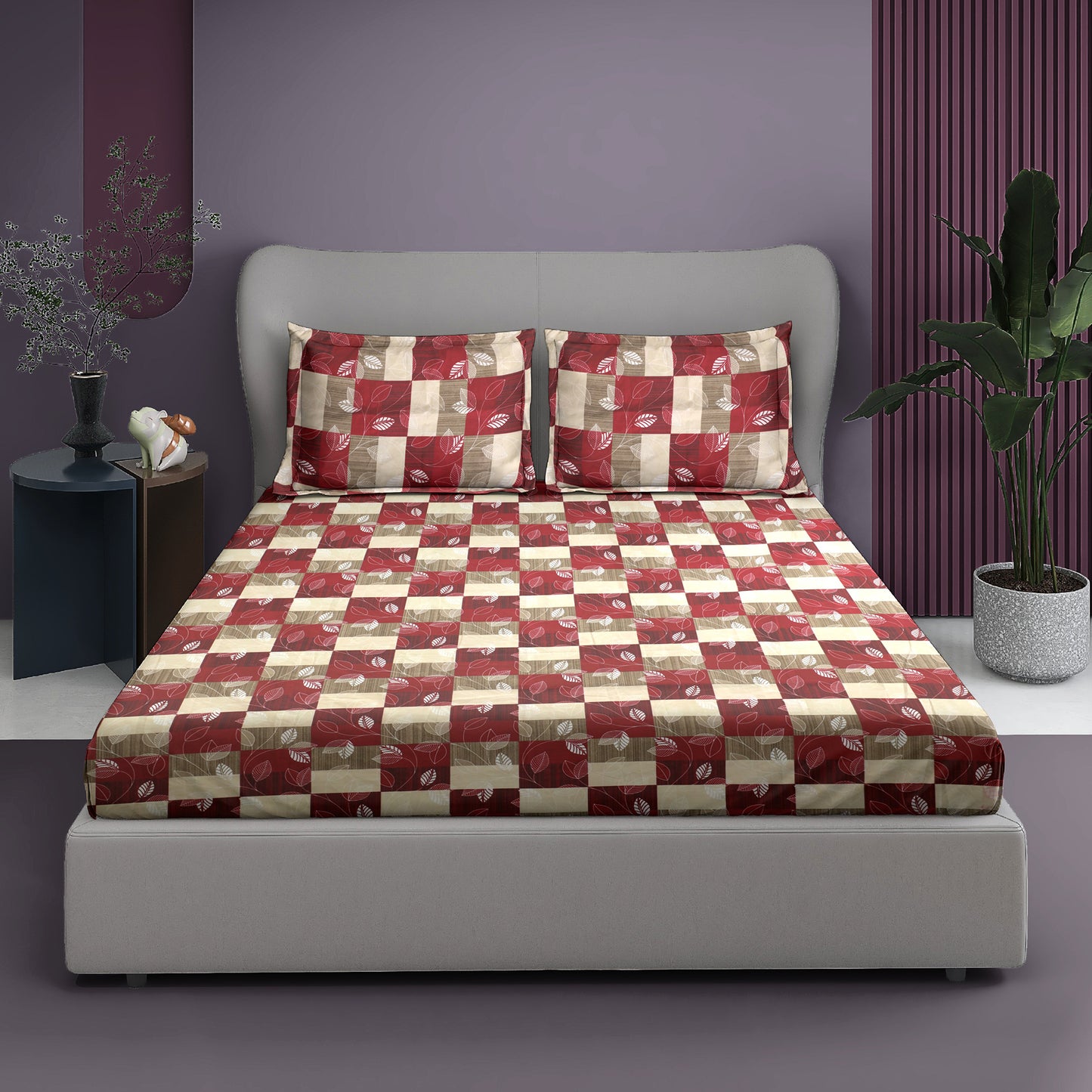 Premium Satin Twill Double Bedsheet with 2 Pillow Covers – Red Leaf Check Print | 180 TC | Soft & Durable | 225 cm × 245 cm
