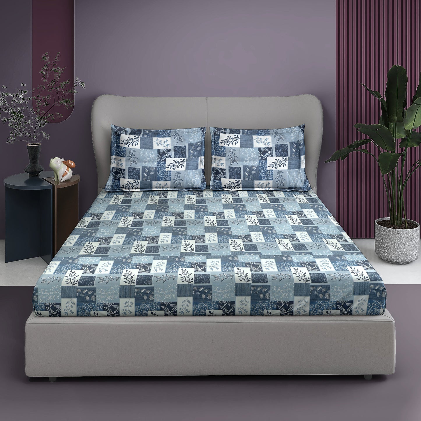 Premium Satin Twill Double Bedsheet with 2 Pillow Covers – Blue Botanical Check Print | 180 TC | Soft & Durable | 225 cm × 245 cm
