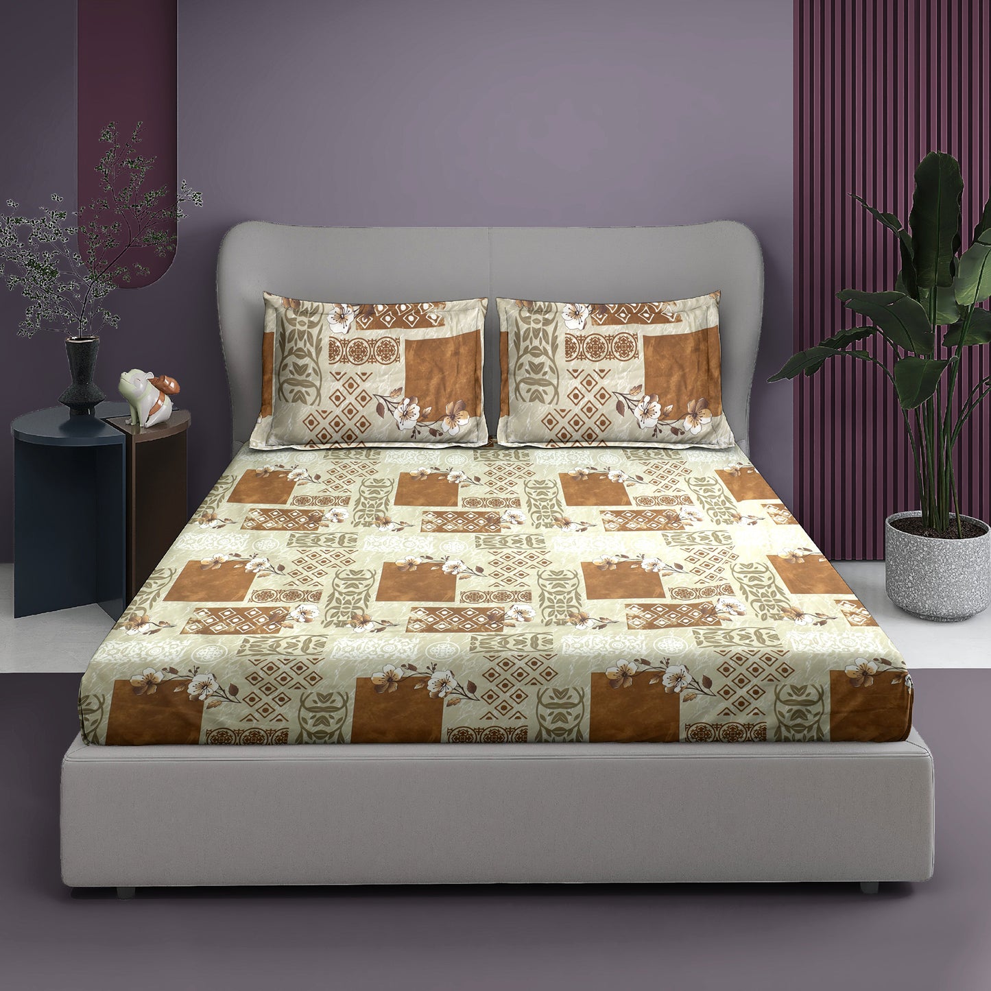 Premium Satin Twill Double Bedsheet with 2 Pillow Covers – Ethnic Block Print in Beige & Brown | 180 TC | Soft & Durable | 225 cm × 245 cm