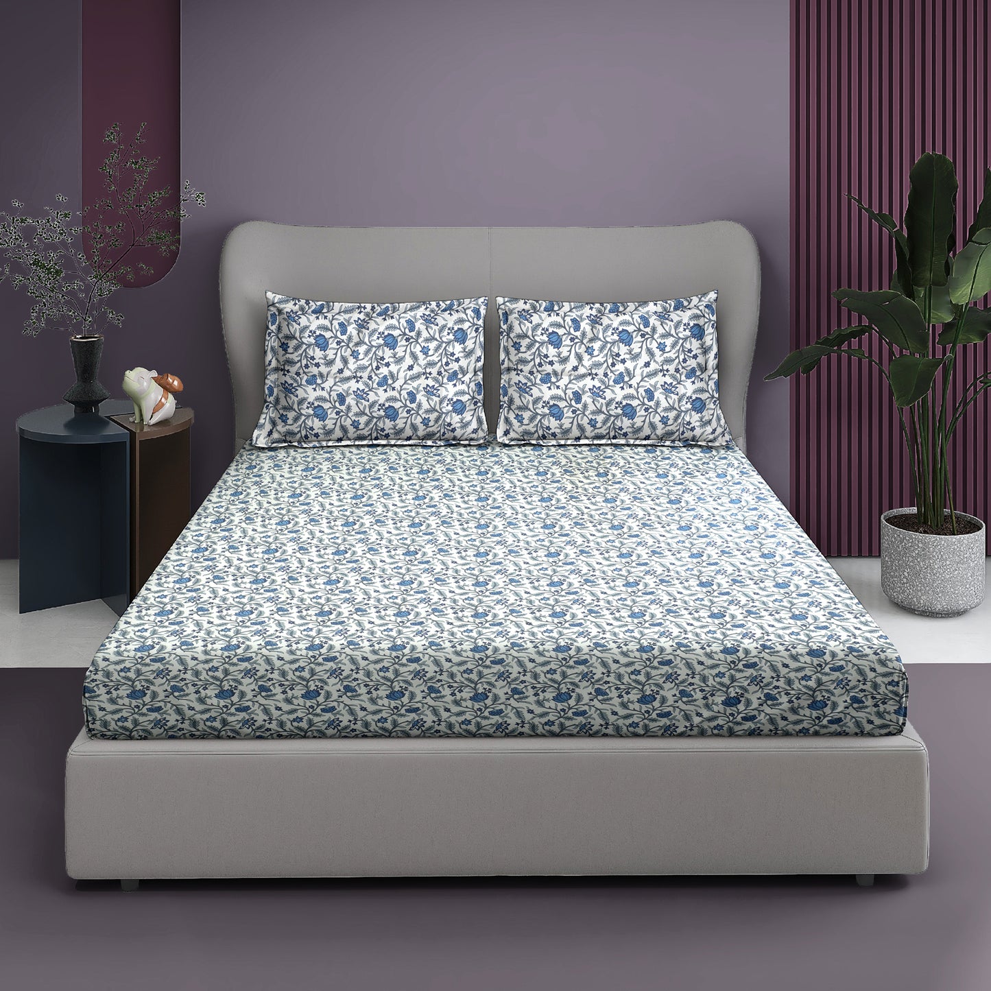 Premium Satin Twill Double Bedsheet with 2 Pillow Covers – Blue Floral Vine Print | 180 TC | Soft & Durable | 225 cm × 245 cm