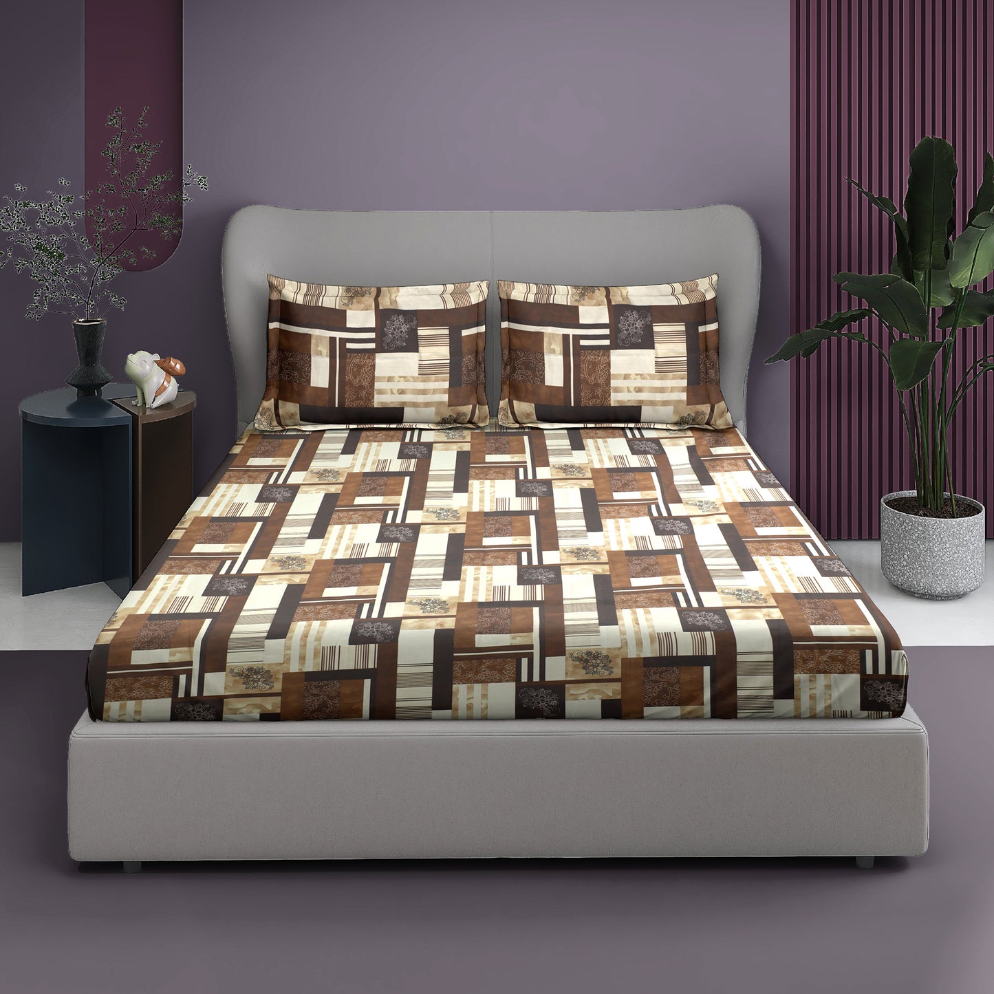 Premium Satin Twill Double Bedsheet with 2 Pillow Covers – Brown Abstract Check Print | 180 TC | Soft & Durable | 225 cm × 245 cm