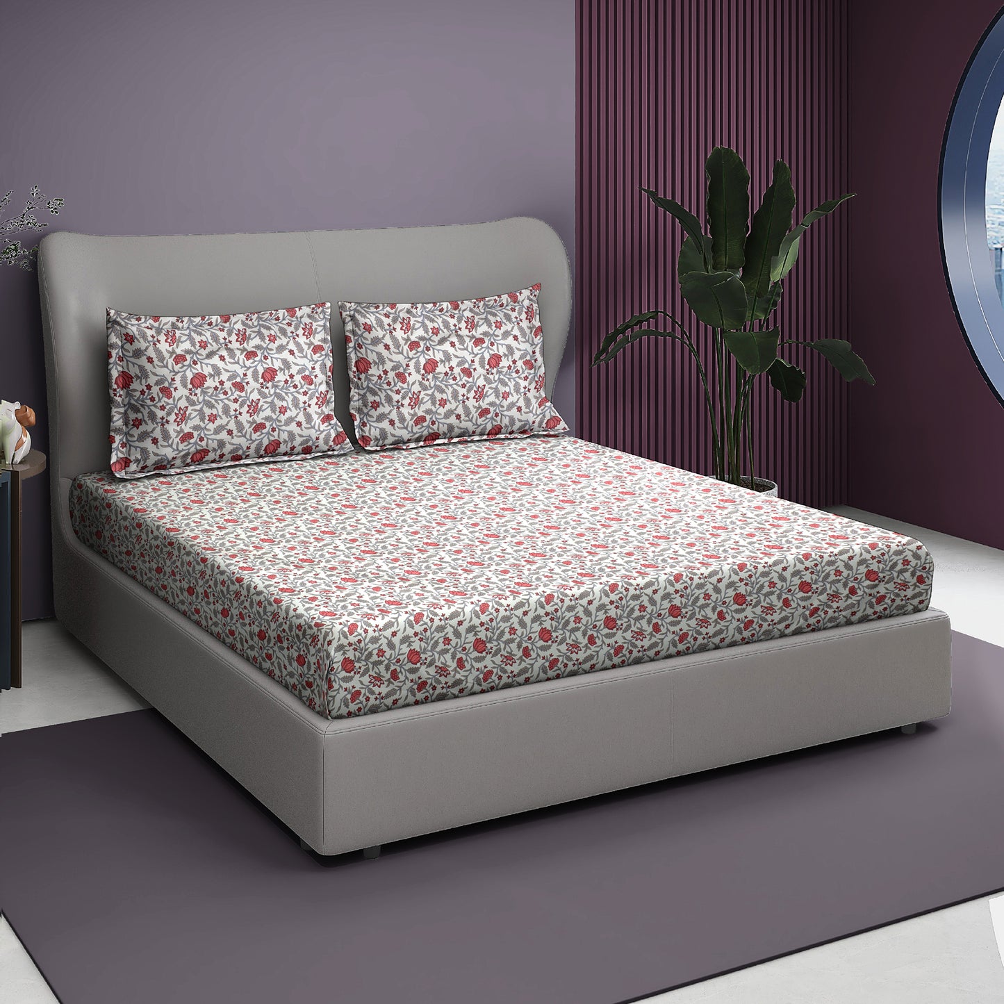 Premium Satin Twill Double Bedsheet with 2 Pillow Covers – Red Floral Vine Print | 180 TC | Soft & Durable | 225 cm × 245 cm