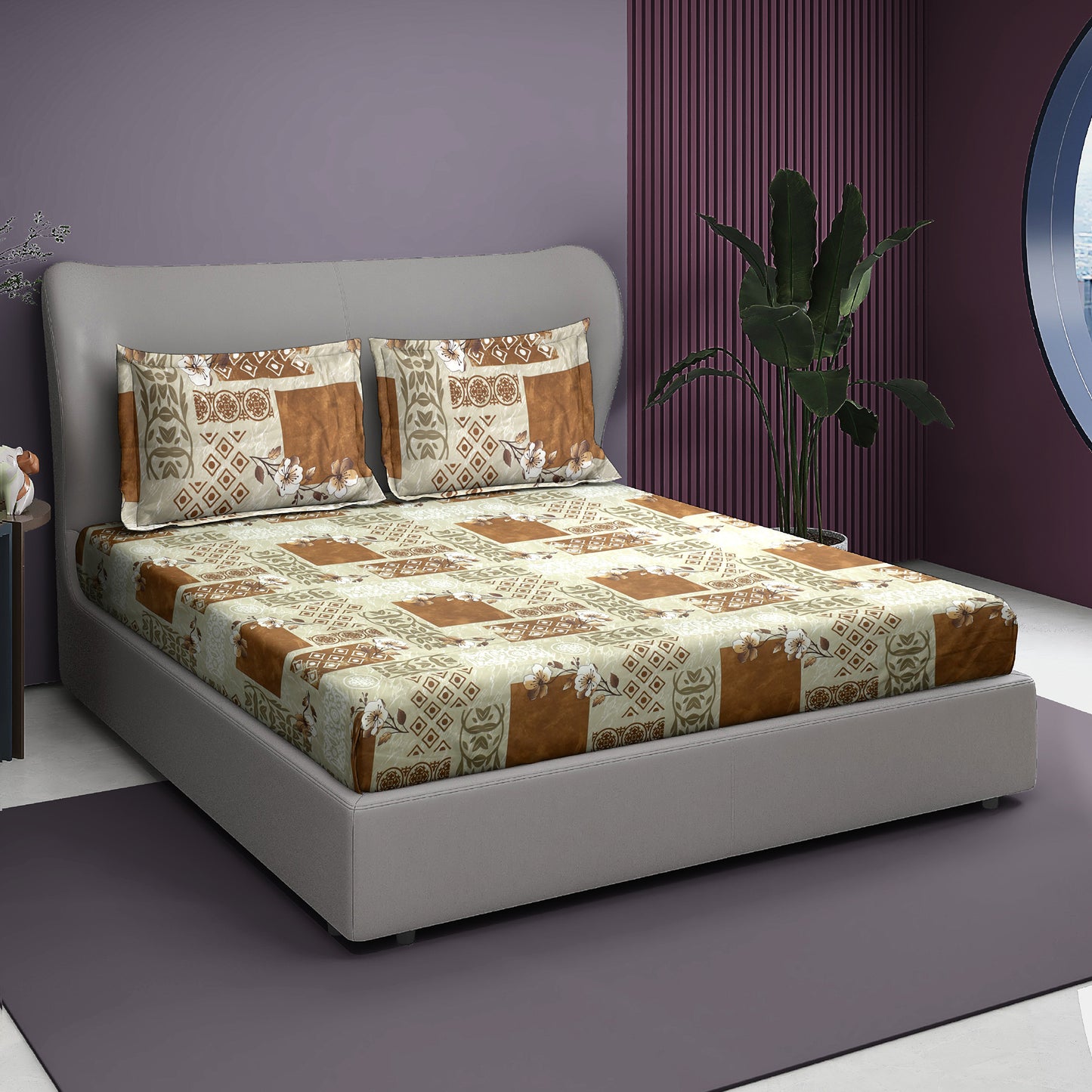 Premium Satin Twill Double Bedsheet with 2 Pillow Covers – Ethnic Block Print in Beige & Brown | 180 TC | Soft & Durable | 225 cm × 245 cm