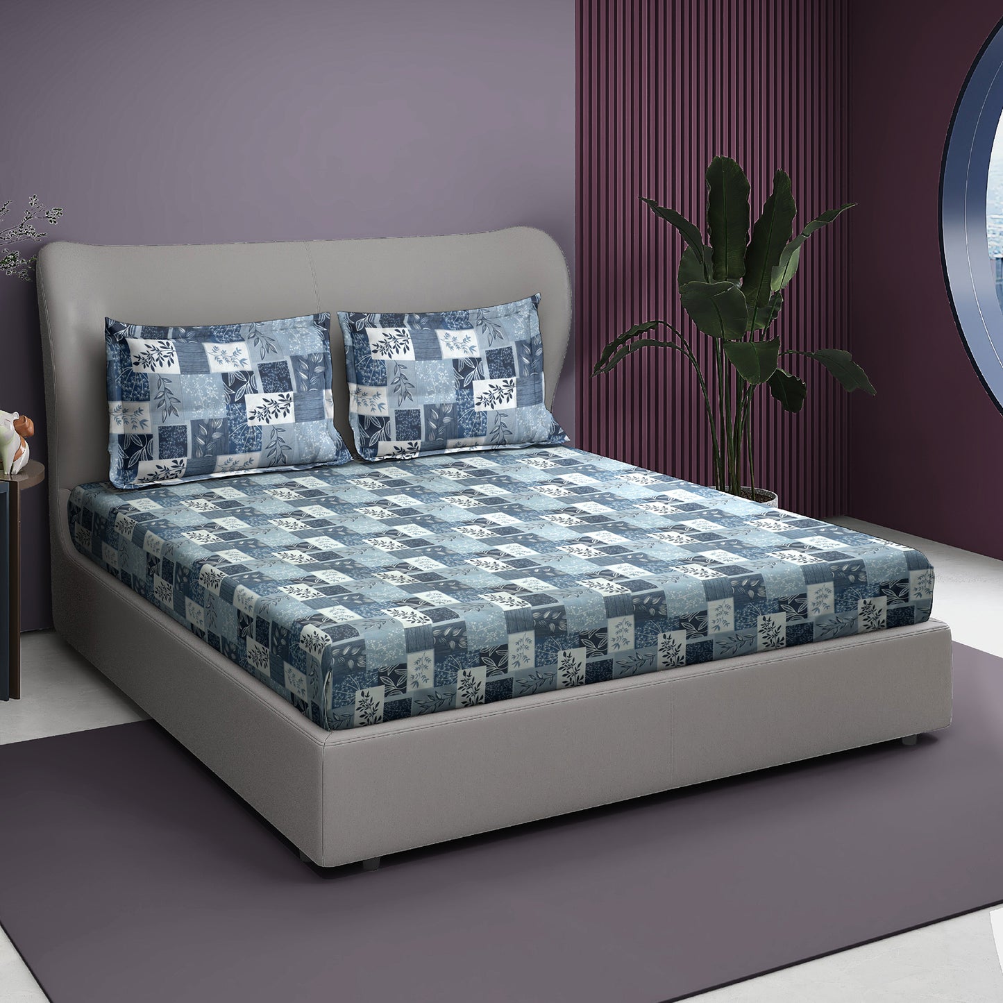 Premium Satin Twill Double Bedsheet with 2 Pillow Covers – Blue Botanical Check Print | 180 TC | Soft & Durable | 225 cm × 245 cm