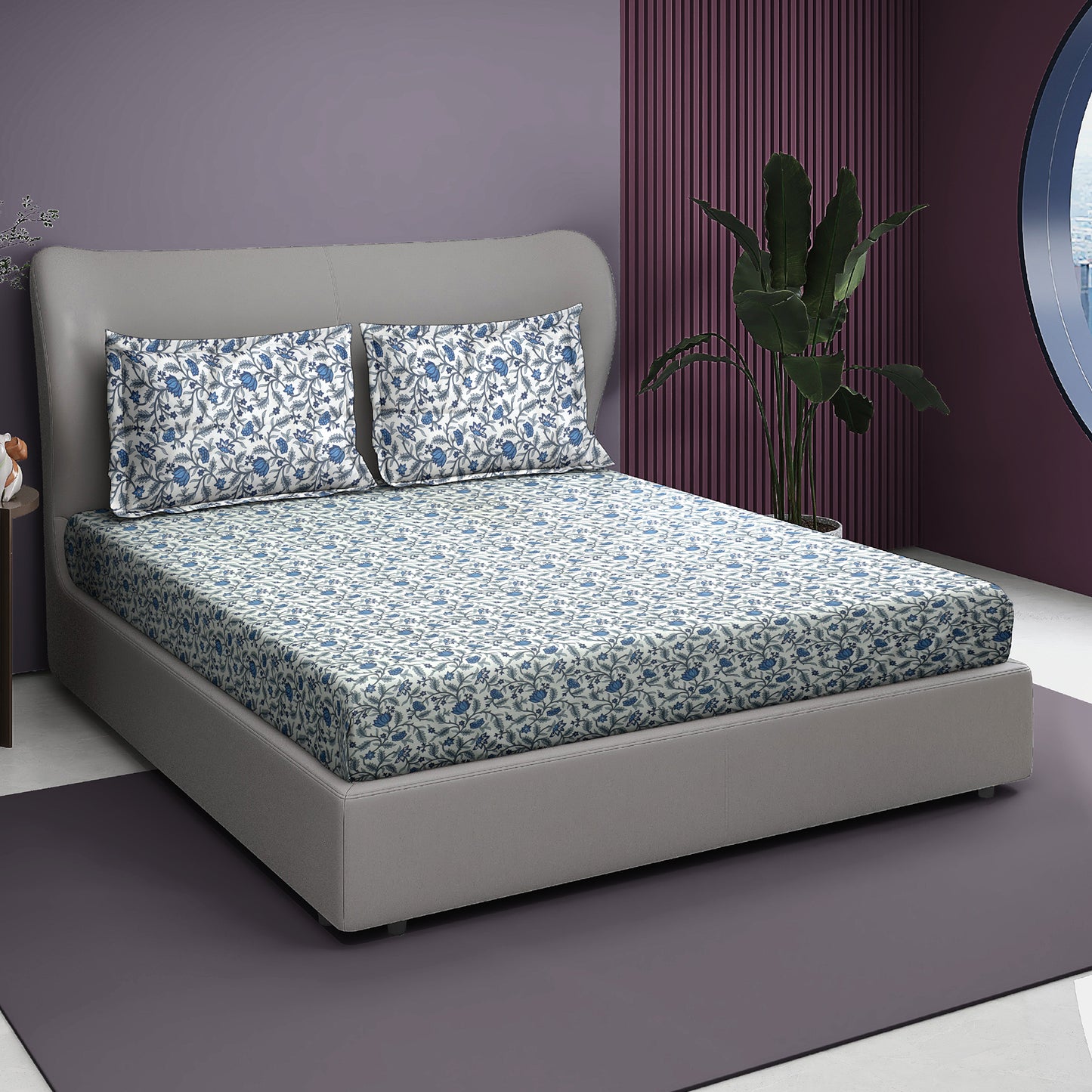 Premium Satin Twill Double Bedsheet with 2 Pillow Covers – Blue Floral Vine Print | 180 TC | Soft & Durable | 225 cm × 245 cm