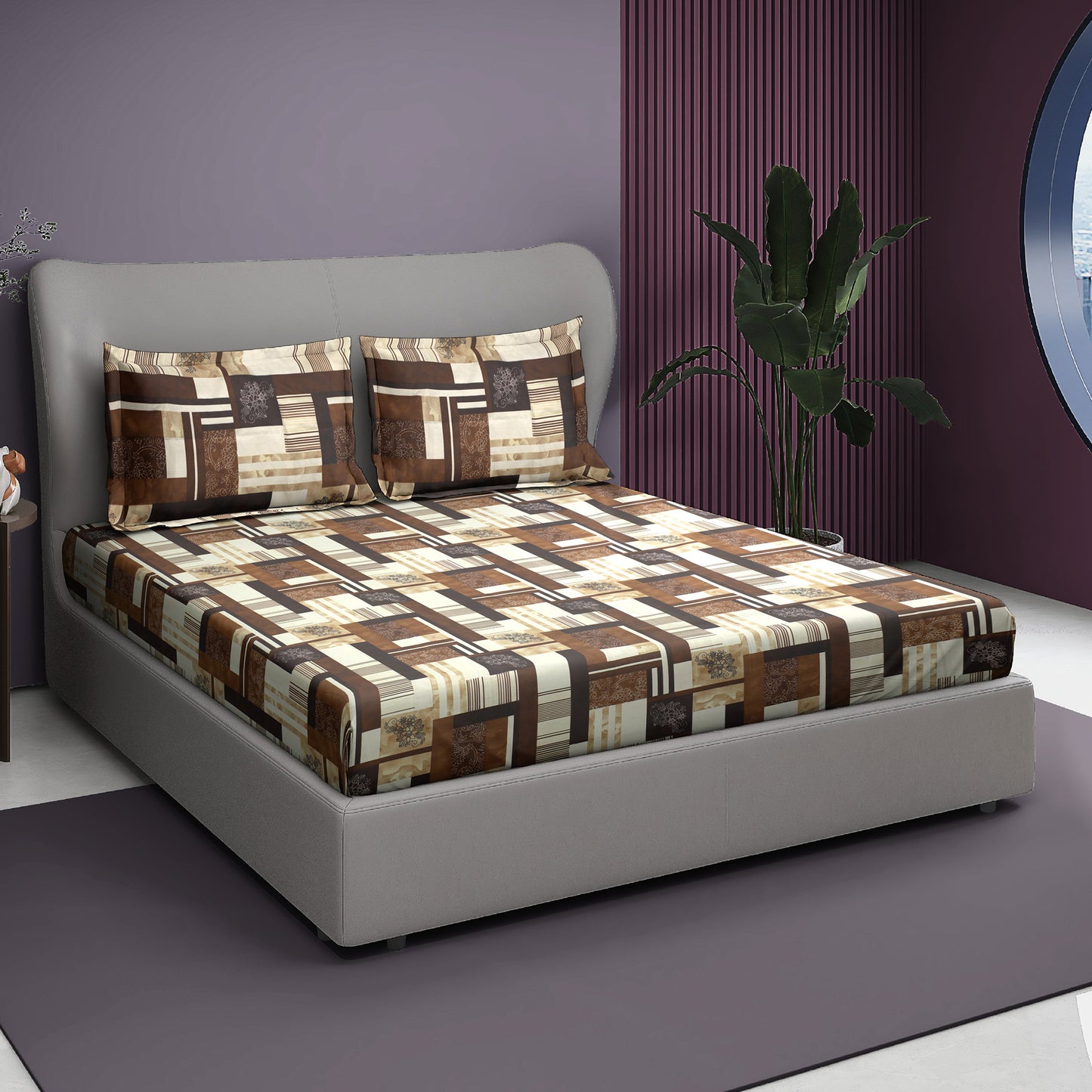 Premium Satin Twill Double Bedsheet with 2 Pillow Covers – Brown Abstract Check Print | 180 TC | Soft & Durable | 225 cm × 245 cm