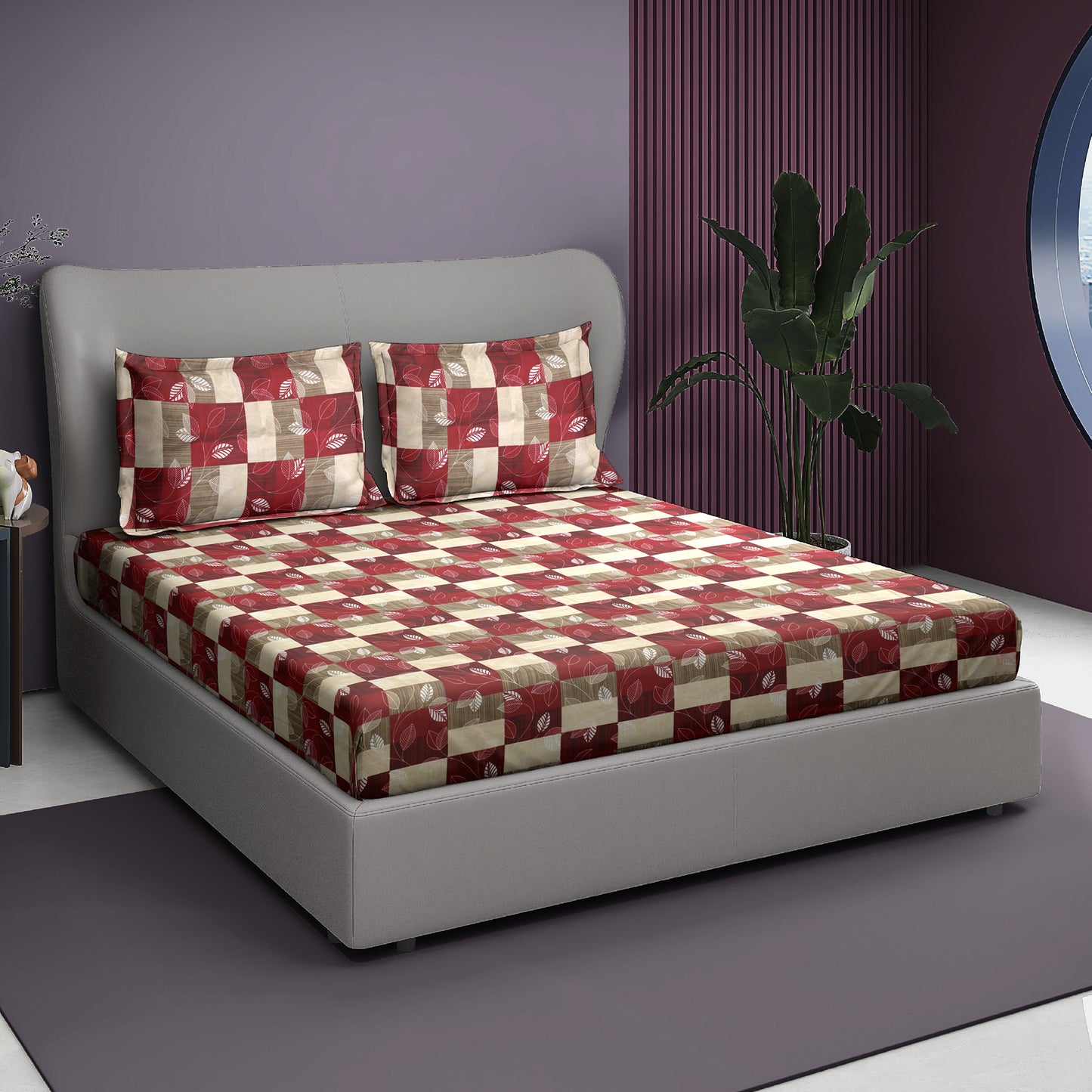 Premium Satin Twill Double Bedsheet with 2 Pillow Covers – Red Leaf Check Print | 180 TC | Soft & Durable | 225 cm × 245 cm