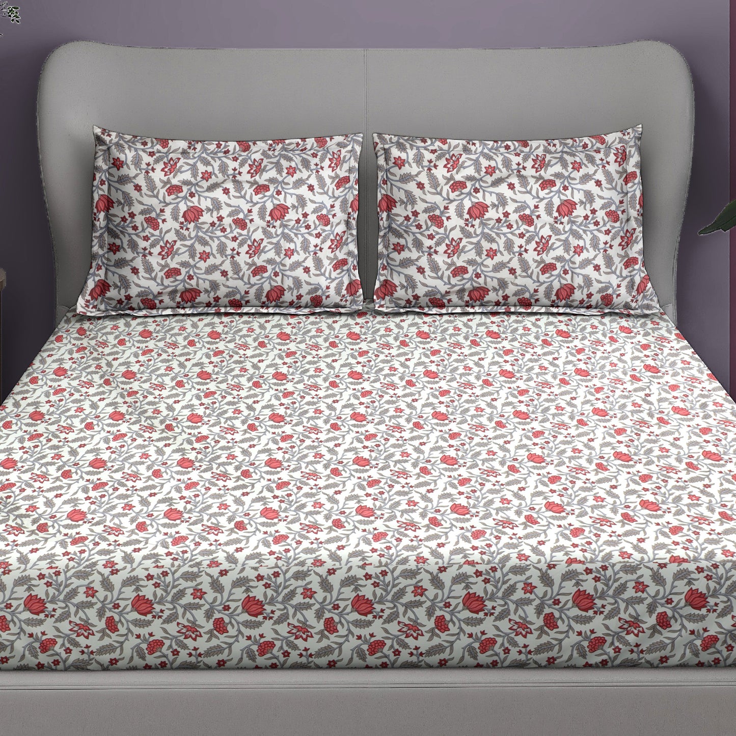 Premium Satin Twill Double Bedsheet with 2 Pillow Covers – Red Floral Vine Print | 180 TC | Soft & Durable | 225 cm × 245 cm