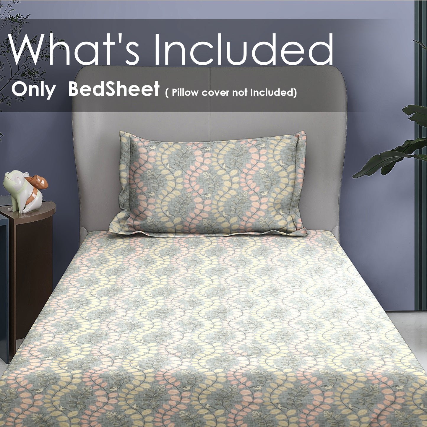Premium Cotton Rich Single Bedsheet – Subtle Leaf Vine Print | 180 TC| 140 cm x 225 cm