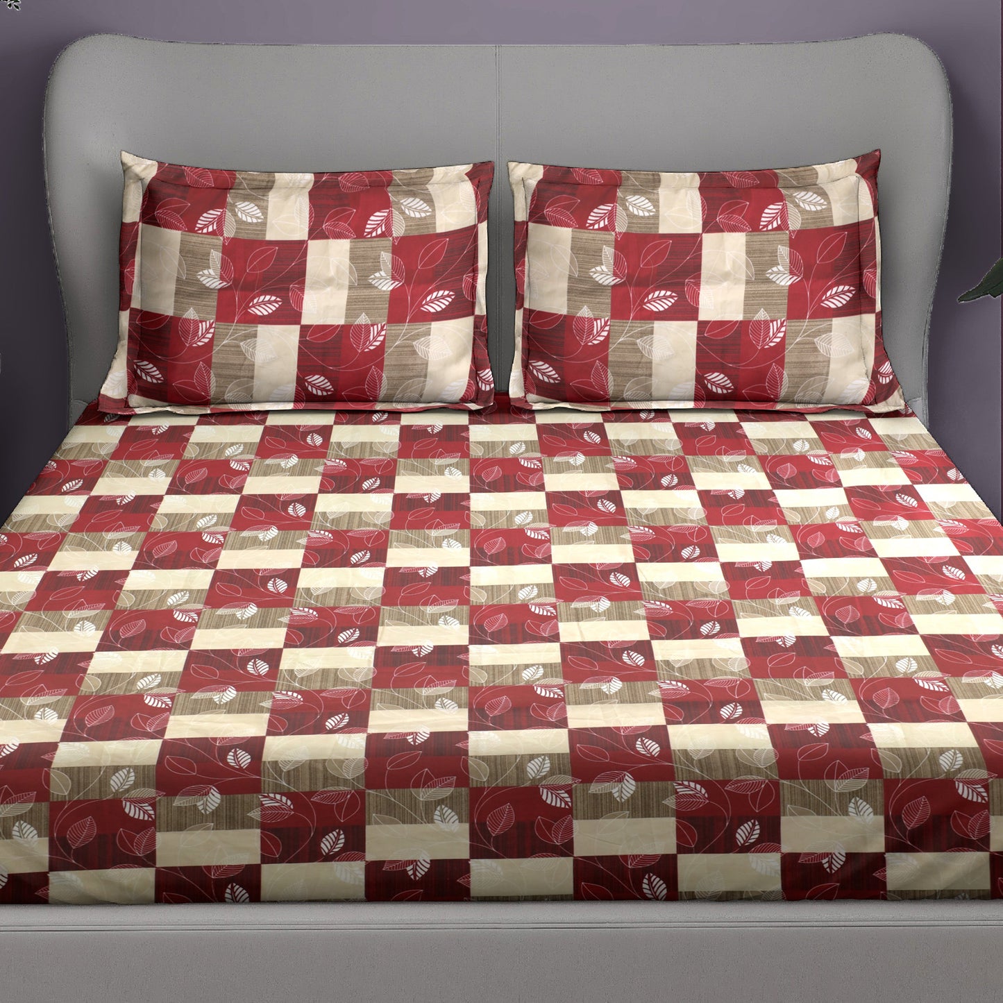 Premium Satin Twill Double Bedsheet with 2 Pillow Covers – Red Leaf Check Print | 180 TC | Soft & Durable | 225 cm × 245 cm