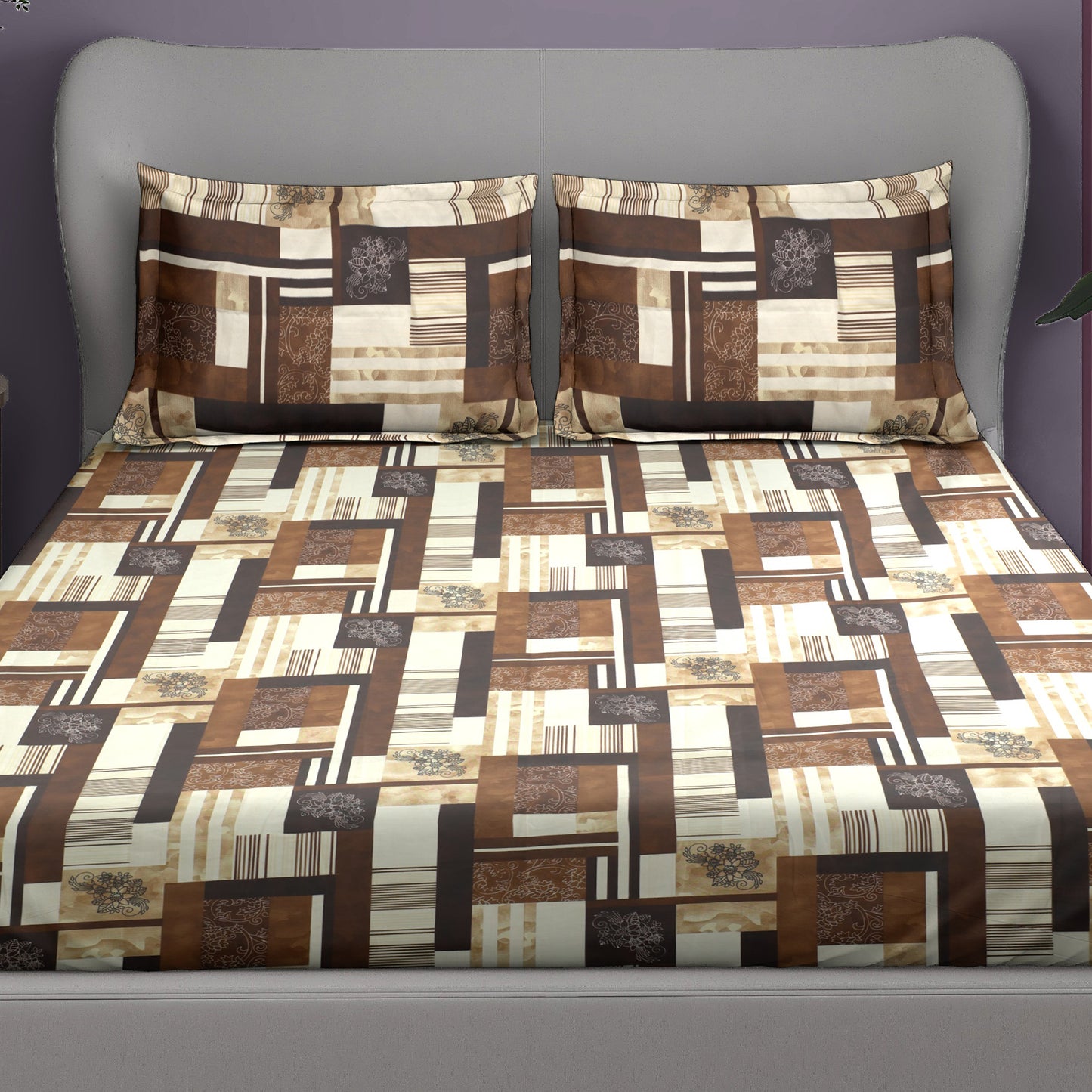 Premium Satin Twill Double Bedsheet with 2 Pillow Covers – Brown Abstract Check Print | 180 TC | Soft & Durable | 225 cm × 245 cm