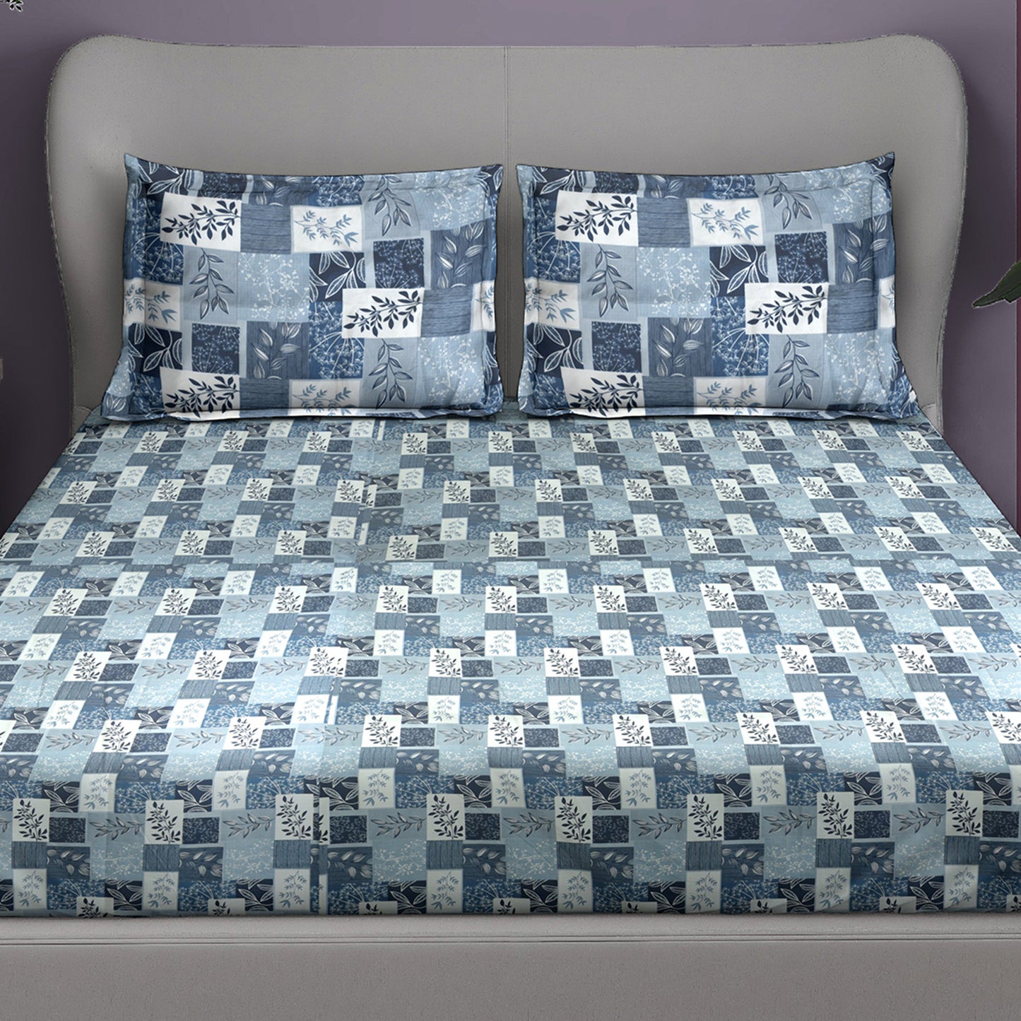 Premium Satin Twill Double Bedsheet with 2 Pillow Covers – Blue Botanical Check Print | 180 TC | Soft & Durable | 225 cm × 245 cm