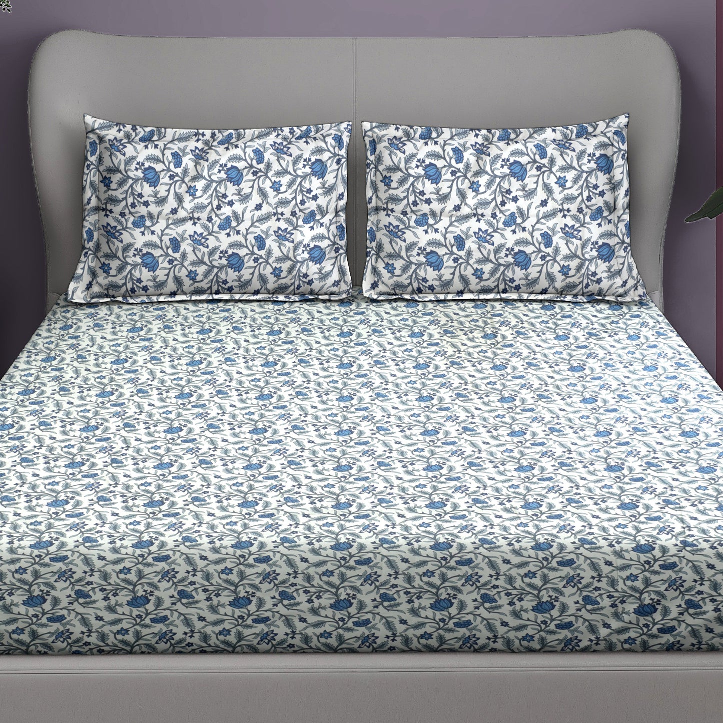 Premium Satin Twill Double Bedsheet with 2 Pillow Covers – Blue Floral Vine Print | 180 TC | Soft & Durable | 225 cm × 245 cm