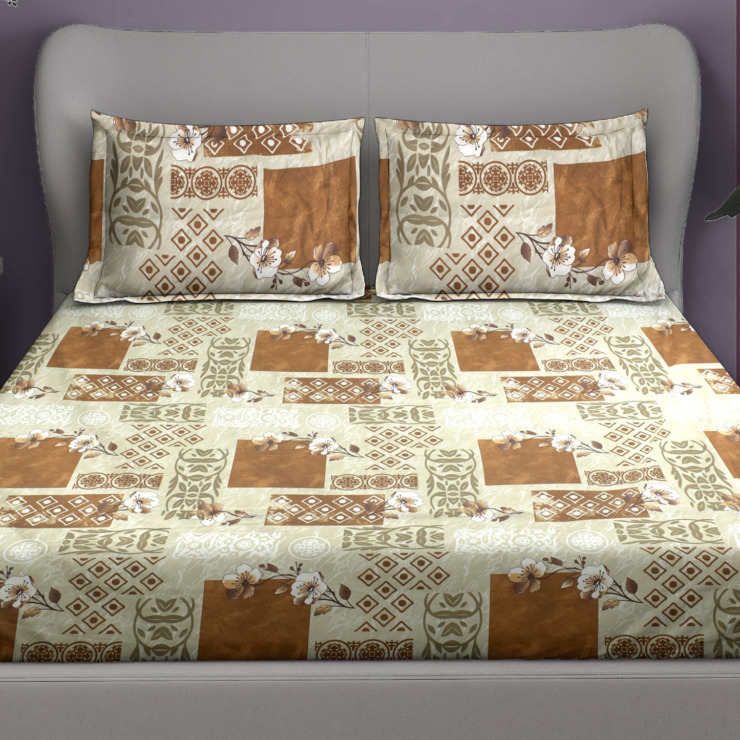 Premium Satin Twill Double Bedsheet with 2 Pillow Covers – Ethnic Block Print in Beige & Brown | 180 TC | Soft & Durable | 225 cm × 245 cm