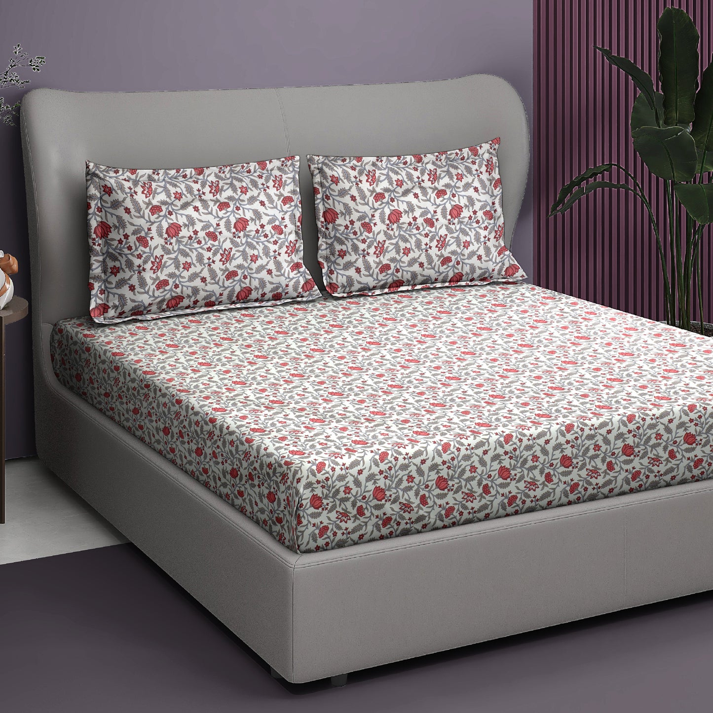 Premium Satin Twill Double Bedsheet with 2 Pillow Covers – Red Floral Vine Print | 180 TC | Soft & Durable | 225 cm × 245 cm