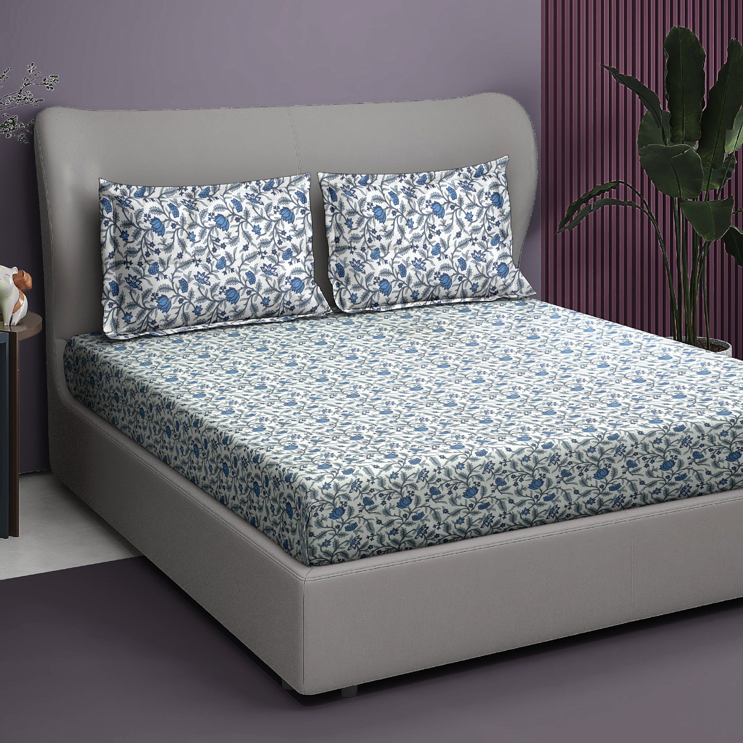 Premium Satin Twill Double Bedsheet with 2 Pillow Covers – Blue Floral Vine Print | 180 TC | Soft & Durable | 225 cm × 245 cm