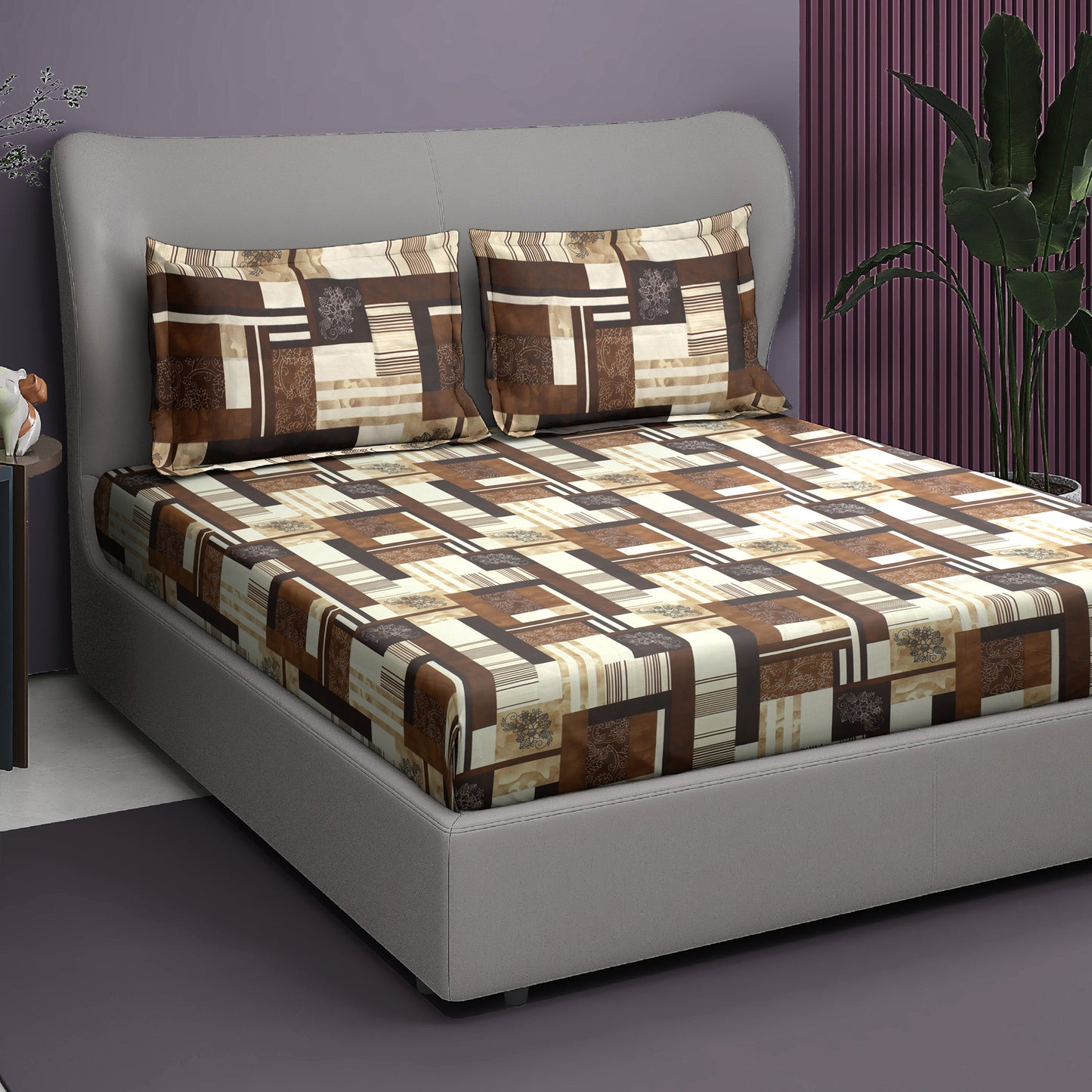 Premium Satin Twill Double Bedsheet with 2 Pillow Covers – Brown Abstract Check Print | 180 TC | Soft & Durable | 225 cm × 245 cm