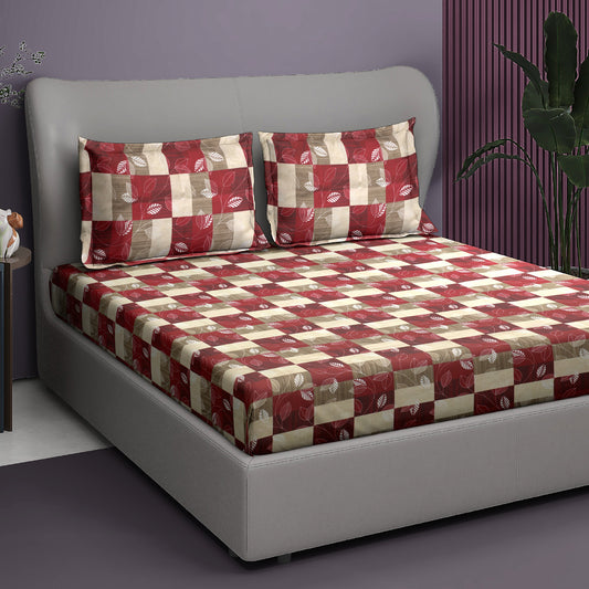 Premium Satin Twill Double Bedsheet with 2 Pillow Covers – Red Leaf Check Print | 180 TC | Soft & Durable | 225 cm × 245 cm
