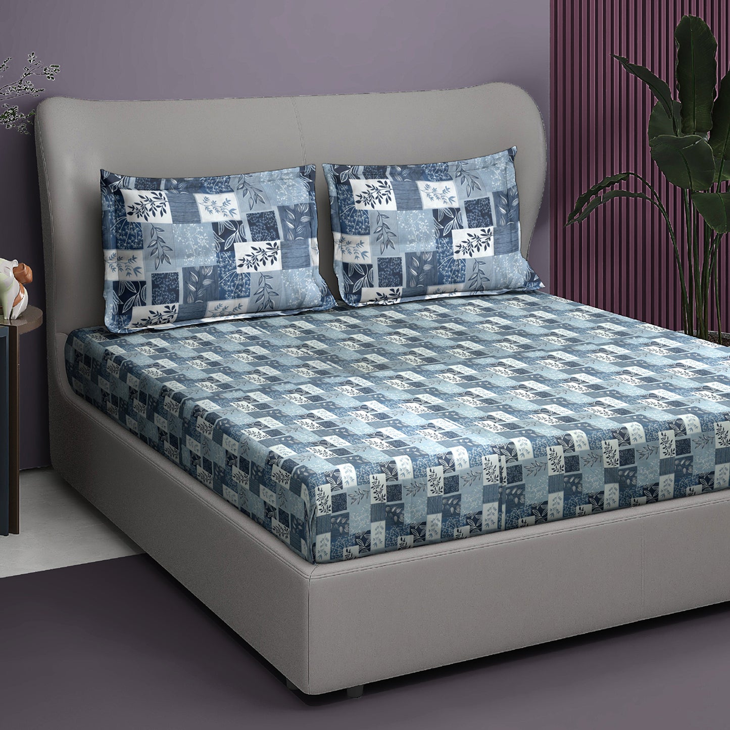 Premium Satin Twill Double Bedsheet with 2 Pillow Covers – Blue Botanical Check Print | 180 TC | Soft & Durable | 225 cm × 245 cm