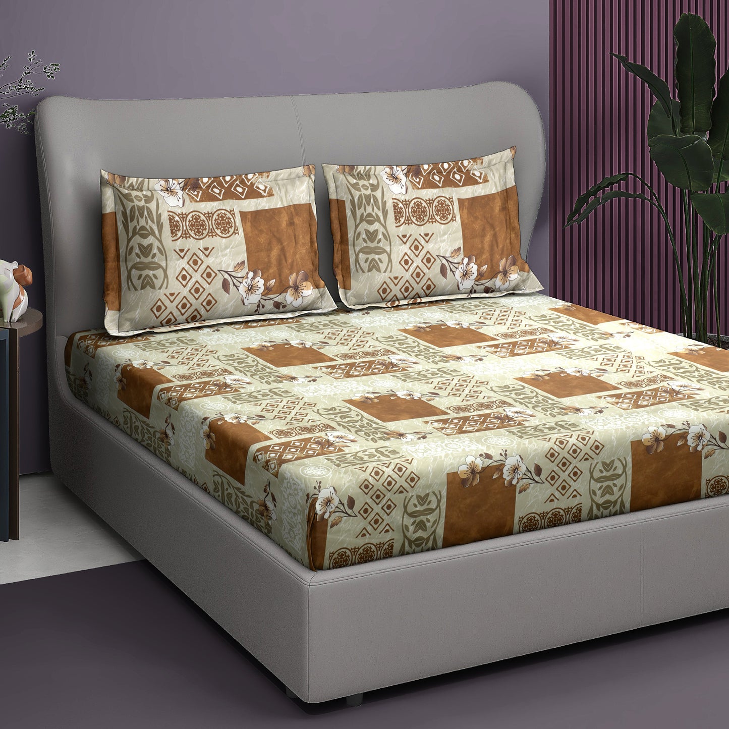 Premium Satin Twill Double Bedsheet with 2 Pillow Covers – Ethnic Block Print in Beige & Brown | 180 TC | Soft & Durable | 225 cm × 245 cm