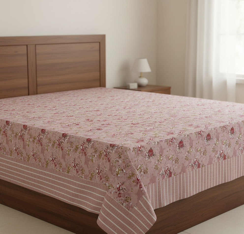 Vintage Floral Pink Printed Double Flat Sheet