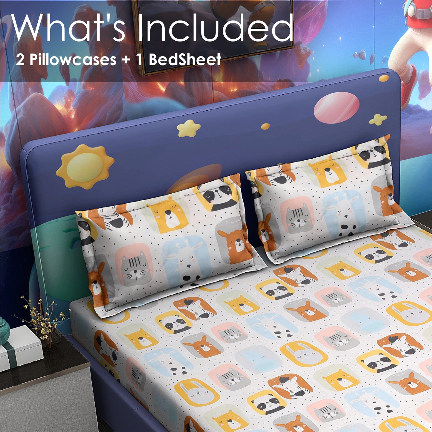 Kids’ Cartoon Animal Print Double Bedsheet with 2 Pillow Covers – Satin Twill | 180 TC | 225 cm × 245 cm