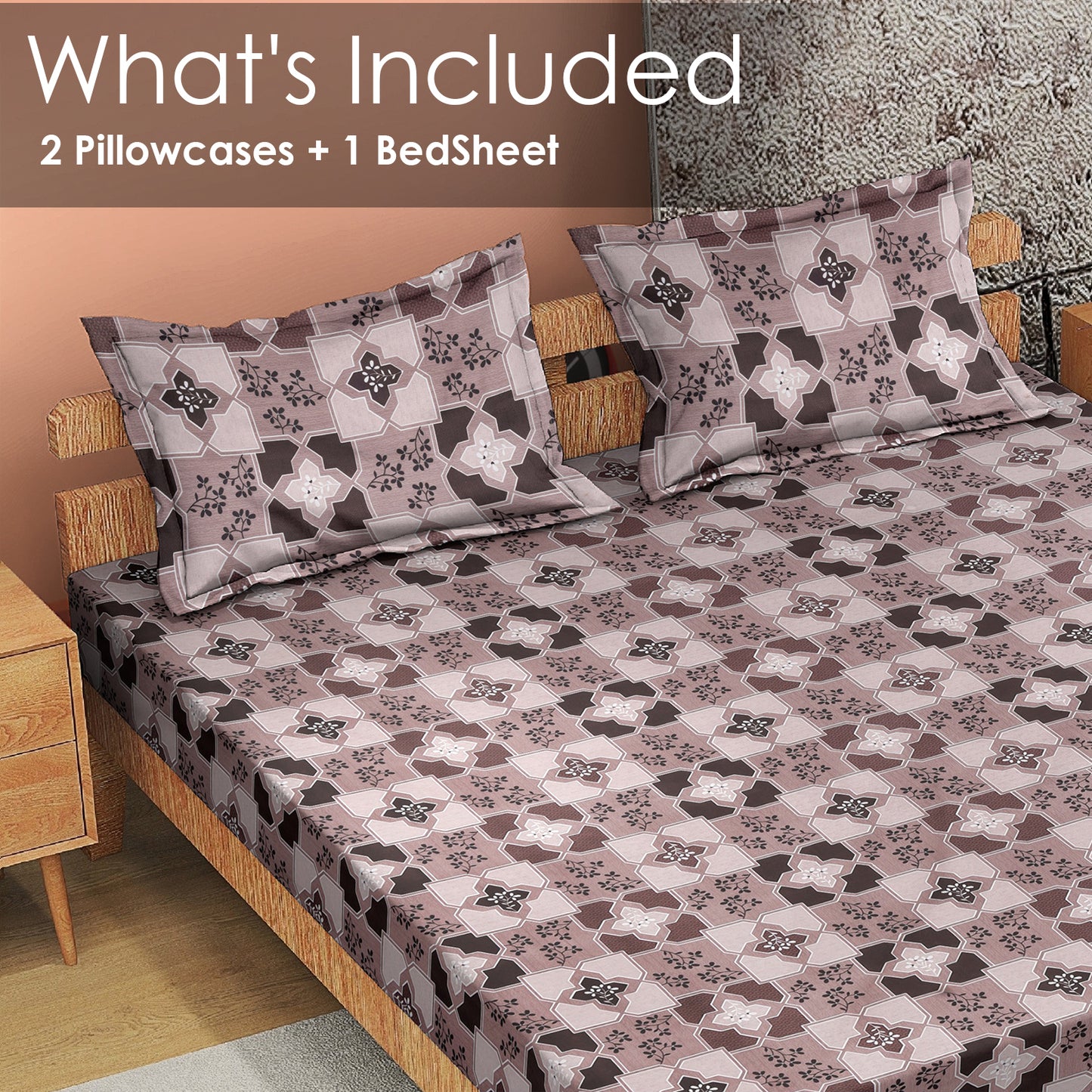 DIVORA CASA Geometric Floral Double Bedsheet Set – Satin Twill, 180 TC, Soft & Durable