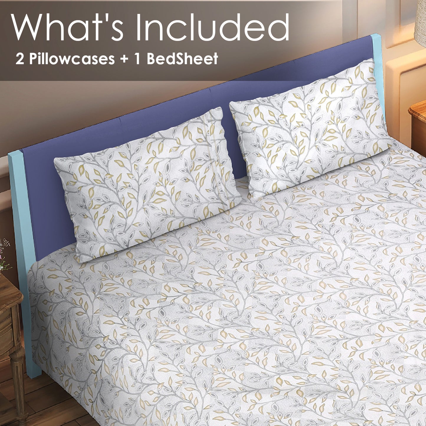 DIVORA CASA Premium 320 TC Double Bed Bedsheet – Soft Grey Leafy Vine Print |90 x 100 Inch