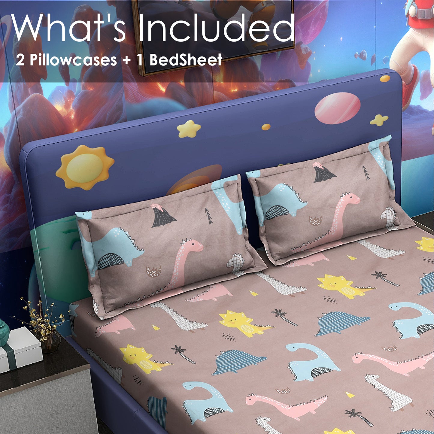 Kids’ Dinosaur Print Double Bedsheet with 2 Pillow Covers – Satin Twill | 180 TC | 225 cm × 245 cm