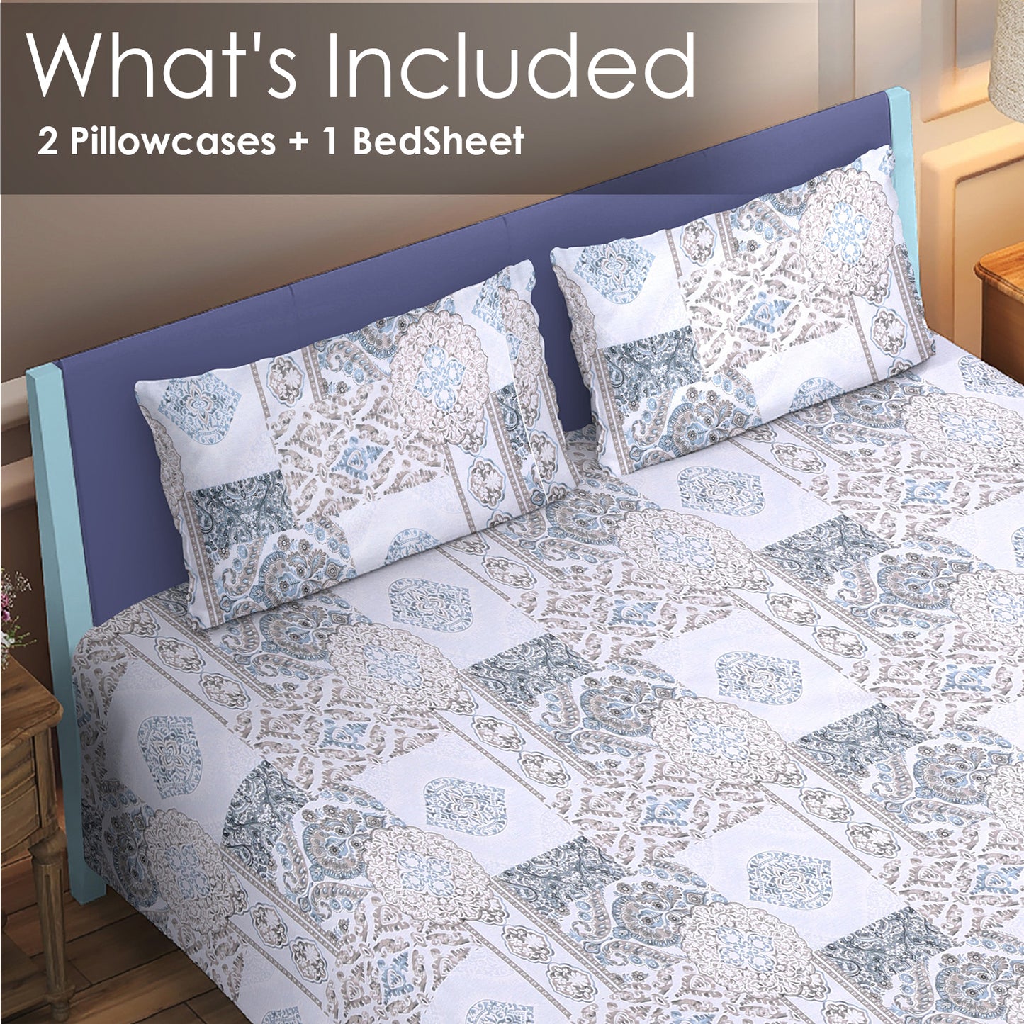 DIVORA CASA – Premium 350 TC Double Bed Cotton Bedsheet Set | Ethnic Patchwork Design | 100% Pure Cotton