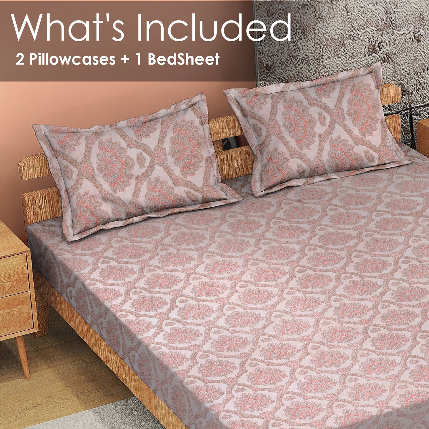 DIVORA CASA Premium Pure Cotton King Size Bedsheet – Soft Pink Jaipuri Floral Motif | 320 TC | 108 x 108 Inches | Breathable & Skin-Friendly