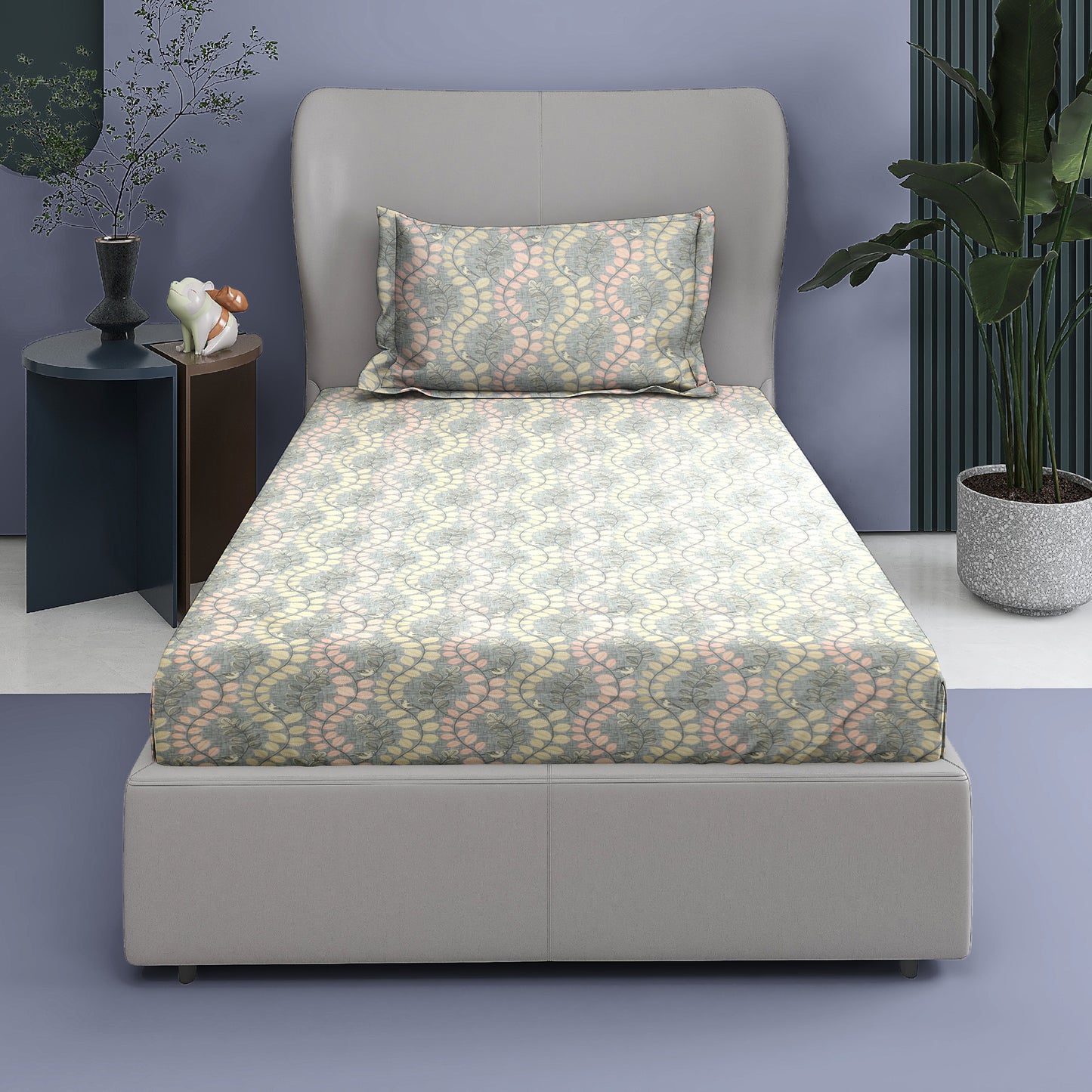 Premium Cotton Rich Single Bedsheet – Subtle Leaf Vine Print | 180 TC| 140 cm x 225 cm