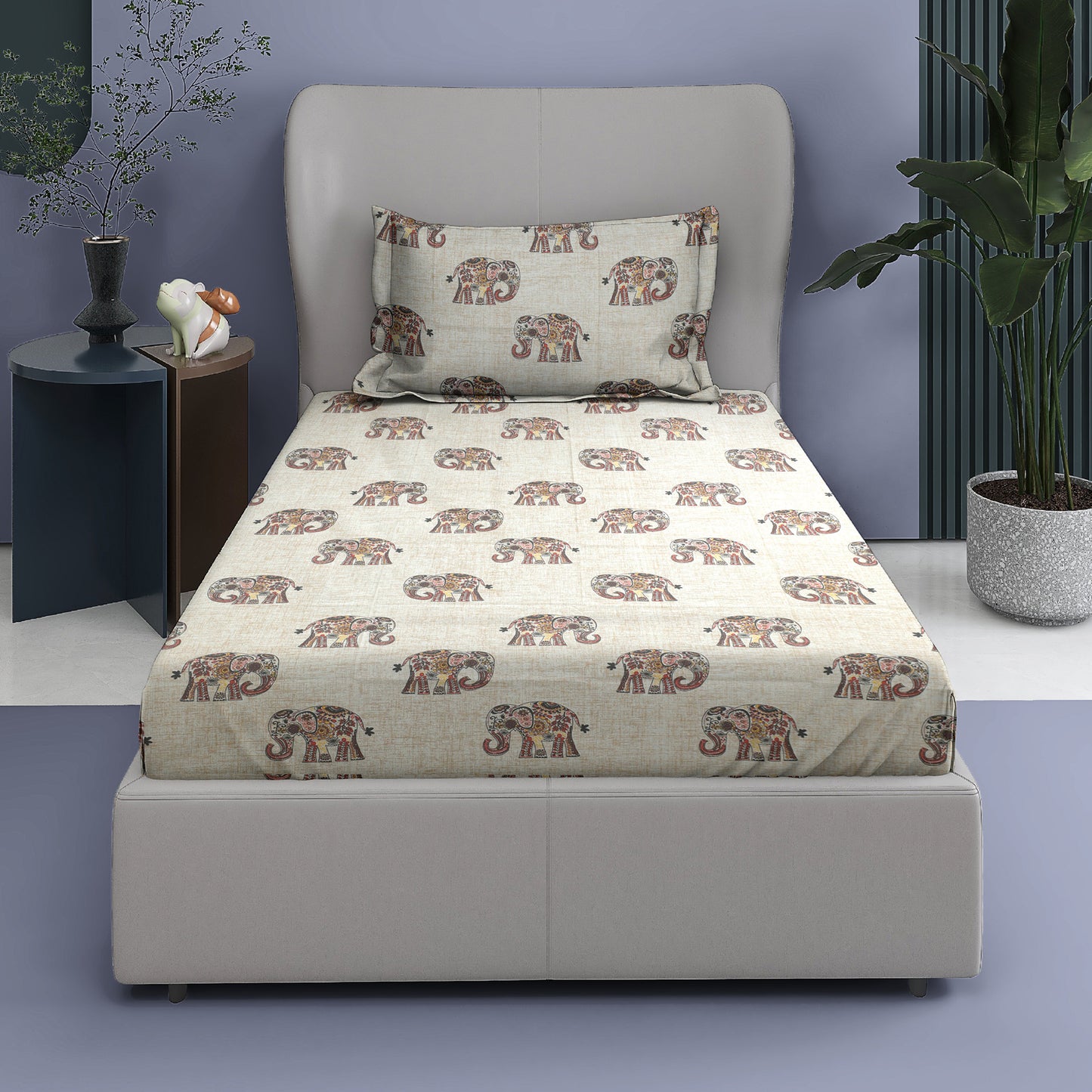 Premium Cotton Rich Single Bedsheet – Handblock Elephant Print | 180 TC | 140 cm x 225 cm