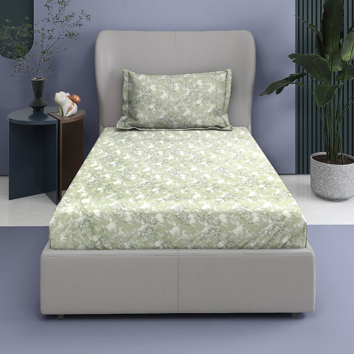 Premium Cotton Rich Single Bedsheet – Pastel Green Floral Vine Print | 180 TC | 140 cm x 225 cm