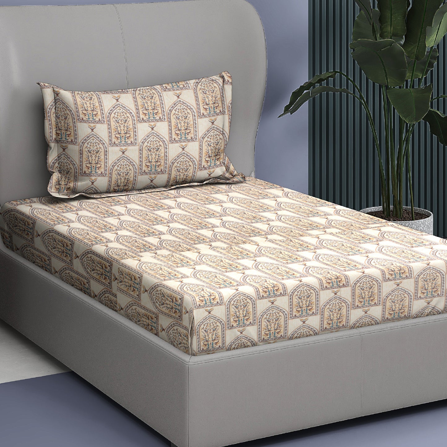 Premium Cotton Rich Single Bedsheet – Mughal Arch & Tree Print | 180 TC | 140 cm x 225 cm