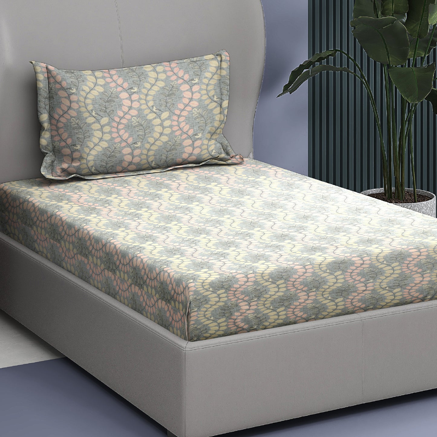 Premium Cotton Rich Single Bedsheet – Subtle Leaf Vine Print | 180 TC| 140 cm x 225 cm